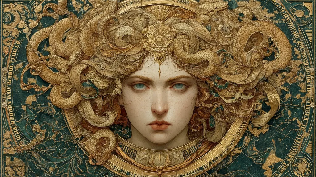 A stylized portrait of Medusa, her face serene yet powerful.  Intricate gold snakes form her hair, interwoven with ornate details.  The background is a deep teal, resembling an aged map or celestial chart, further enhancing the mythical and timeless quality of the piece.  Gold accents and a regal crown add to the opulent feel. The overall effect is one of captivating beauty and mythical power.