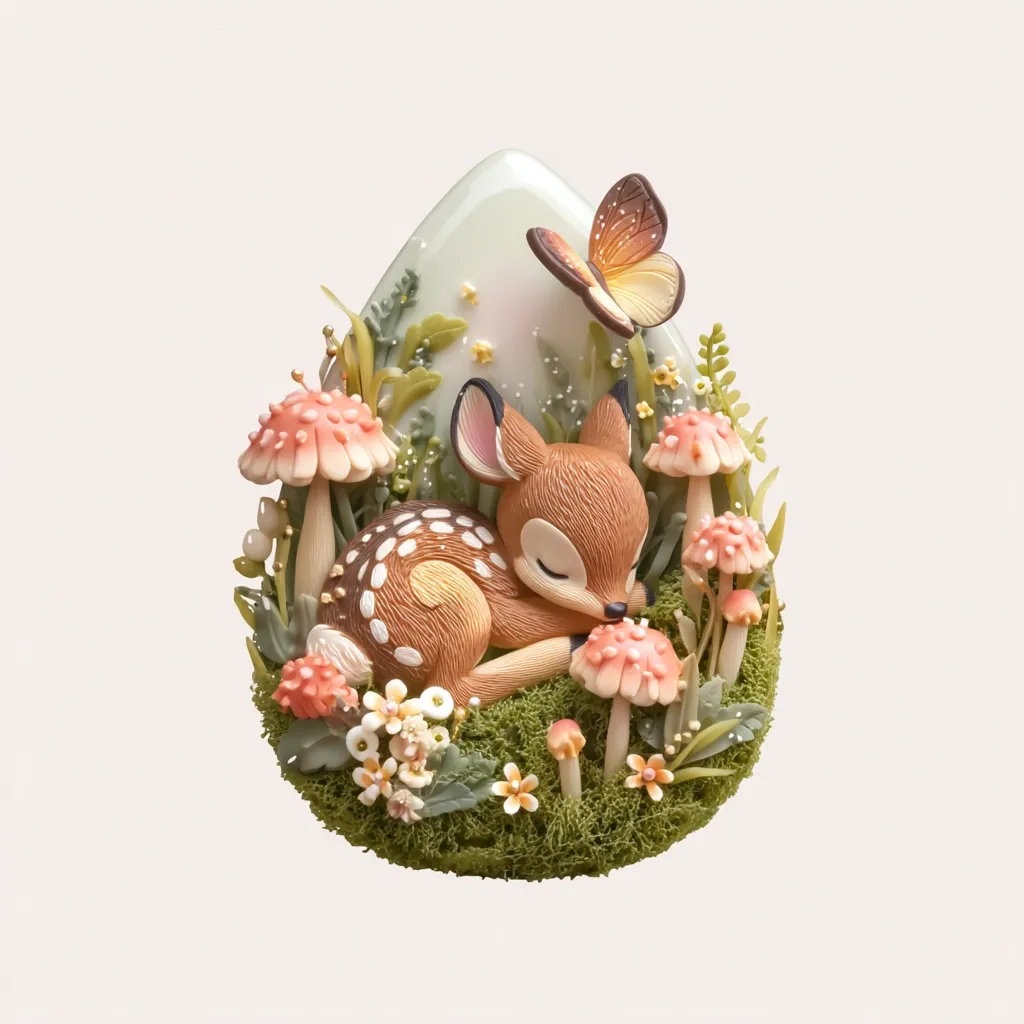 A charming miniature fawn sleeps peacefully nestled in a bed of moss, surrounded by delicate flowers and toadstools.  A whimsical butterfly flits nearby, adding to the enchanting scene. The entire composition is crafted in a teardrop shape, resembling a precious egg or amulet, showcasing intricate detailing and a soft color palette.  The overall effect is one of gentle serenity and woodland magic.