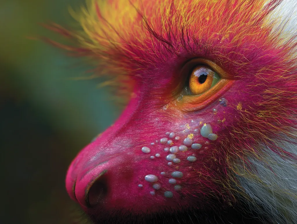 A close-up reveals the vibrant face of a primate.  Its fur is a striking mix of fiery orange and deep pink, punctuated by small, light-blue nodules and flecks of gold.  The monkey's bright orange eye is captivating, set against the richly colored fur. The texture of the fur and skin is highly detailed, highlighting the animal's unique features. The overall impression is one of intense color and intricate detail.