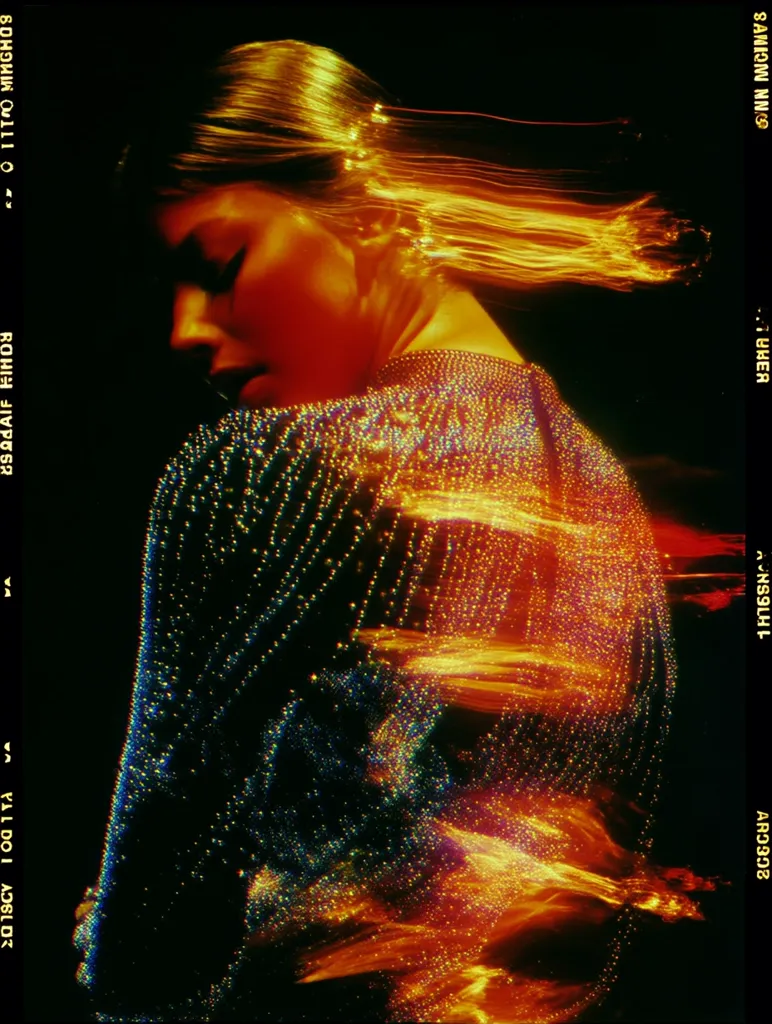 A woman with long, flowing blonde hair, styled in a loose updo, is captured in a dynamic pose. She wears a shimmering, dark-colored garment adorned with countless tiny lights, creating a sparkling effect. The image is stylized with motion blur, giving her hair a fiery, streaked appearance against a black background. The overall aesthetic is bold, artistic, and reminiscent of a film still.  The film border adds to the retro feel.