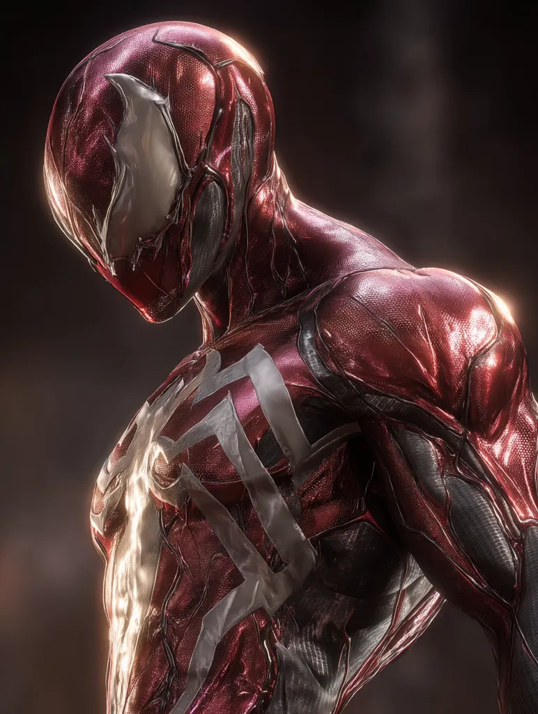 A digital rendering showcases a striking figure, seemingly a stylized Spider-Man variant.  The suit is a deep crimson, highly textured with a metallic sheen, featuring off-white, web-like patterns. The design incorporates elements reminiscent of Venom's symbiote, particularly around the face. The pose and lighting emphasize the musculature and the suit's intricate details. The overall aesthetic is dark, dramatic, and visually impressive.