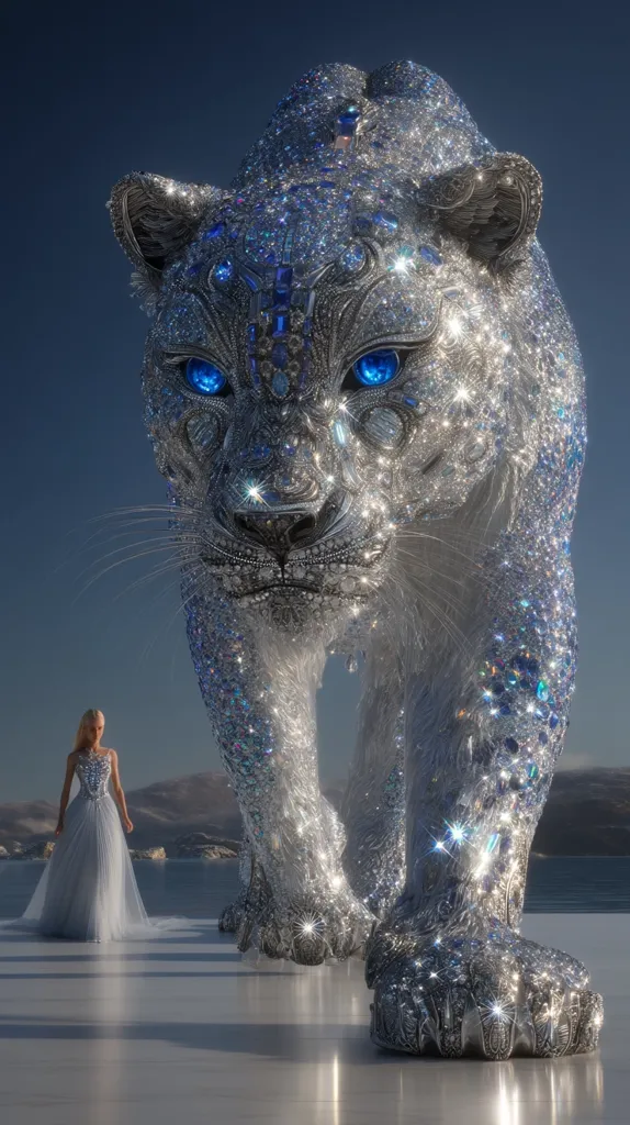 A breathtaking image depicts a colossal snow leopard, its fur meticulously crafted from shimmering crystals and adorned with dazzling blue gemstones.  Its piercing blue eyes fix on a woman in a flowing, light blue gown standing serenely in the foreground. The majestic creature appears to be walking towards her, set against a backdrop of calm water and a distant shoreline under a twilight sky.  The scene is surreal and ethereal.