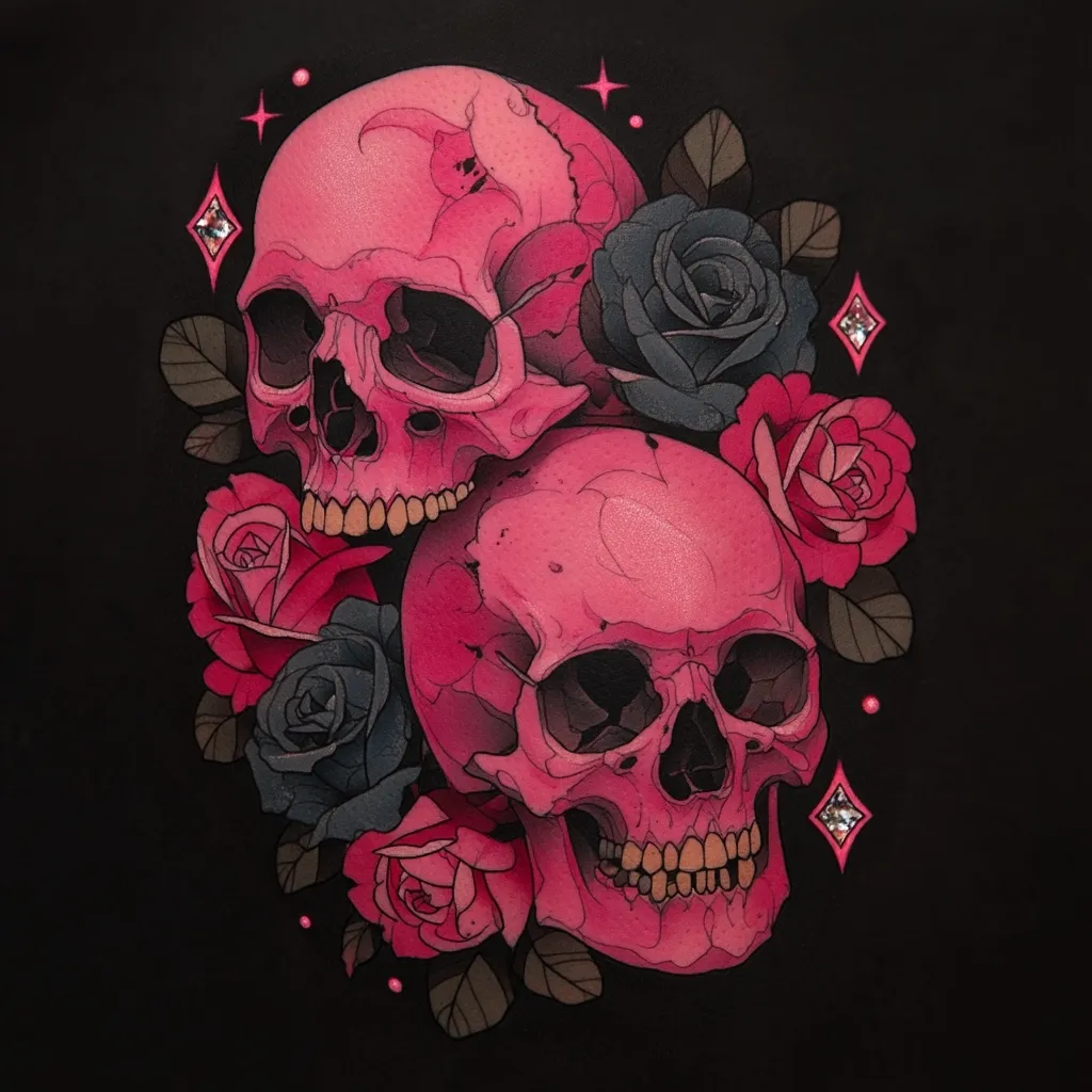 A stylized illustration showcases two vibrant pink skulls nestled amidst a bouquet of dark gray and pink roses.  The skulls are intricately detailed, and the roses are rendered with depth and shadow.  Small, sparkling elements are scattered around the composition, enhancing its dramatic and slightly gothic aesthetic.  The dark background accentuates the bright colors of the skulls and flowers.