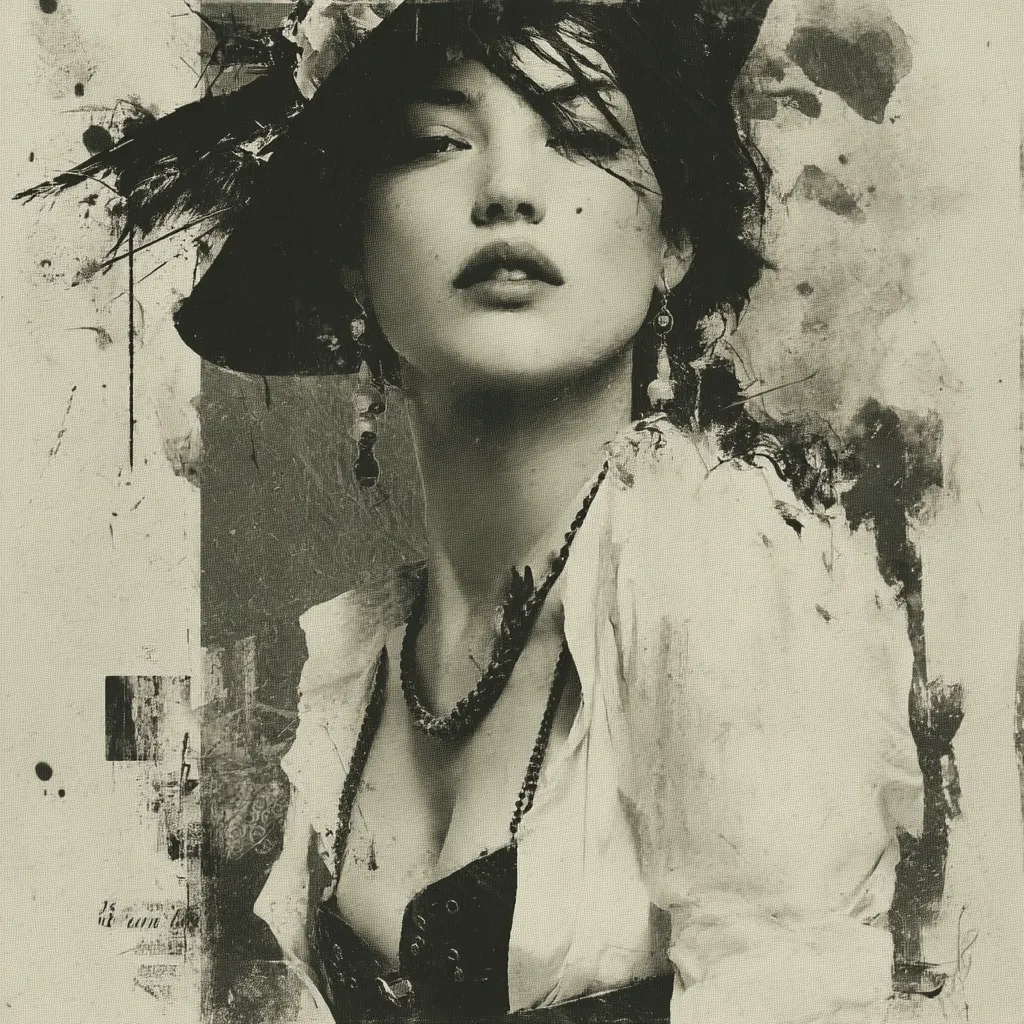 A monochromatic portrait of a woman, possibly a stylized pirate, dominates the image.  She wears a wide-brimmed hat, a low-cut blouse, and a dark corset.  A textured, distressed background suggests an aged or artistic effect, with splashes of paint adding to the vintage feel. The woman's expression is serious, her gaze direct.  The overall style is dramatic and evocative.