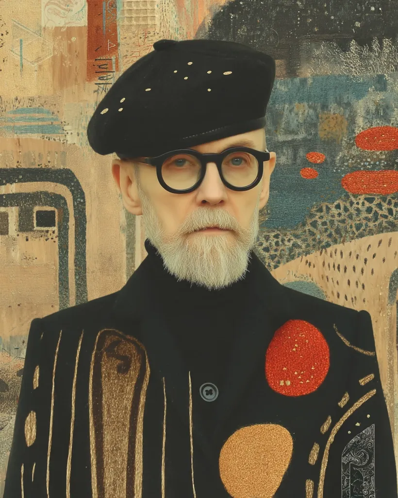 A man with a grey beard and black beret adorned with gold studs stands before an abstract painting.  He wears round glasses and a black turtleneck under a black coat intricately embroidered with gold and colored circular designs. The style is sophisticated and artistic, reflecting the backdrop's abstract expressionism.  His expression is serious and contemplative.