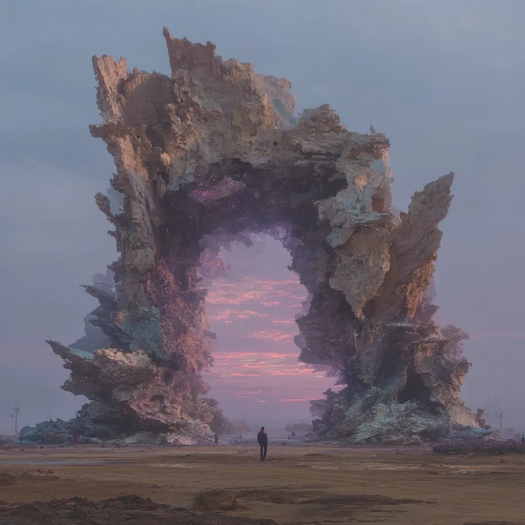 A lone figure stands before a colossal, otherworldly rock formation. The structure resembles a massive archway, its rough, textured surface glowing with an ethereal, purple light. The sky displays a soft, pastel sunset.  The scene is desolate yet captivating, hinting at a surreal and perhaps fantastical landscape.  Tiny figures are visible in the distance, emphasizing the immensity of the arch.