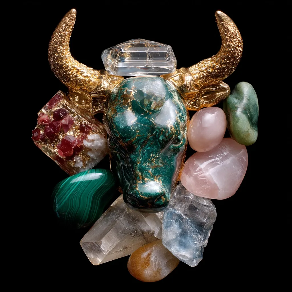 A gold bull's head, adorned with a clear quartz crystal on its forehead, is the centerpiece of a striking arrangement.  Surrounding the bull are various tumbled gemstones, including malachite, rose quartz, a reddish-brown crystal cluster, and others, creating a visually rich and textured composition against a black background. The piece evokes a sense of luxury and mystical power.