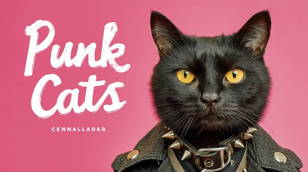 A stylish black cat, adorned in a studded collar and denim jacket, stares intensely at the viewer.  The words "Punk Cats" are prominently displayed in a white, textured font against a vibrant pink background.  The image has a playful and edgy aesthetic, suggesting a rebellious or unconventional cat persona.  "Cennalladar" is subtly placed beneath the title.