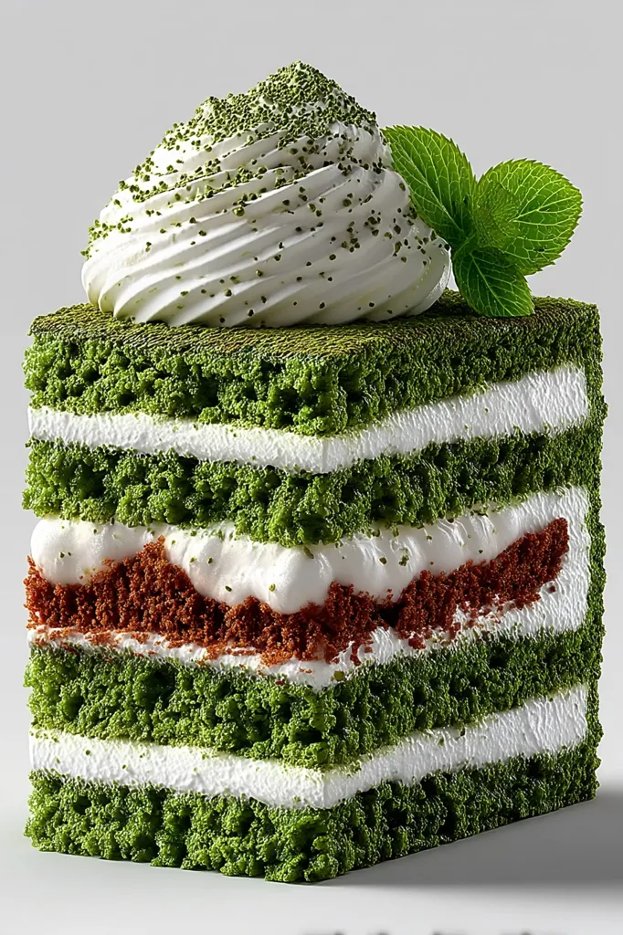 A square matcha cake, layered with green sponge cake and creamy white frosting, is topped with a dollop of matcha-dusted whipped cream and a sprig of mint.  The texture of the cake appears light and airy, and the vibrant green color contrasts beautifully with the white frosting and brown cake layer. The overall presentation is elegant and visually appealing.