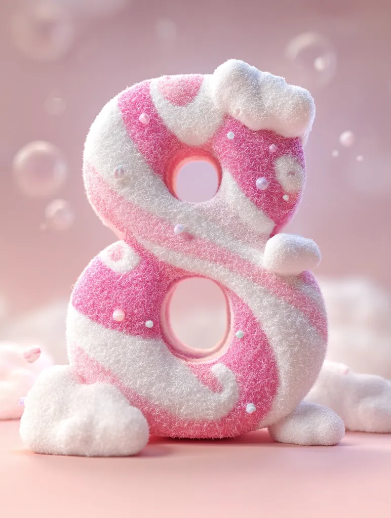 A fluffy, pink and white number eight, resembling a frosted donut, sits on a pastel pink surface.  The number is decorated with small, pearl-like accents and surrounded by clouds of similar texture.  The overall aesthetic is soft, dreamy, and whimsical.  Bubbles float in the background, enhancing the light and airy feeling.