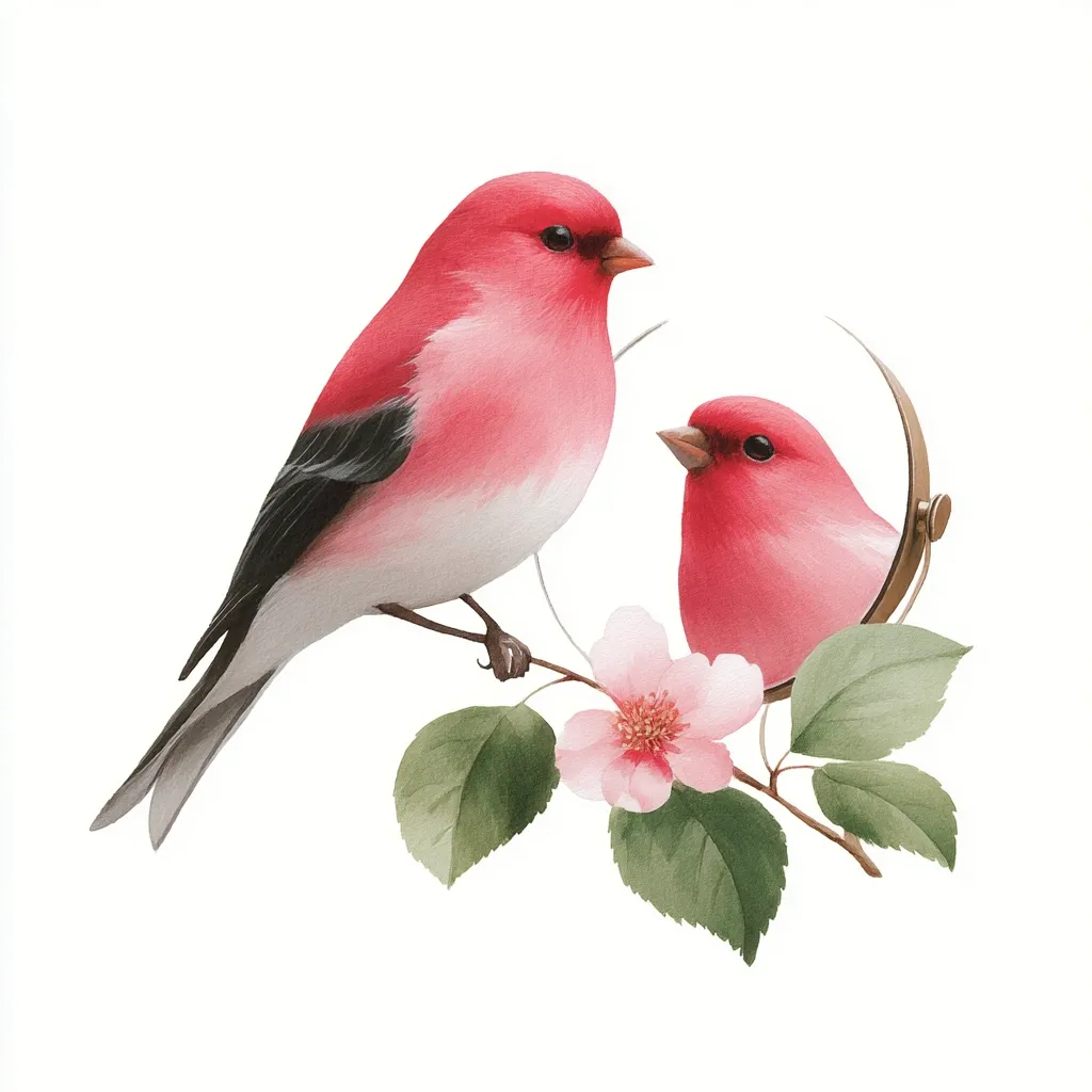 A watercolor painting depicts two vibrant pink birds perched on a flowering branch. One bird is positioned prominently, while its reflection is visible in a small, circular mirror.  The blossoms are delicate pink, contrasting beautifully with the birds' plumage. The overall style is delicate and romantic.
