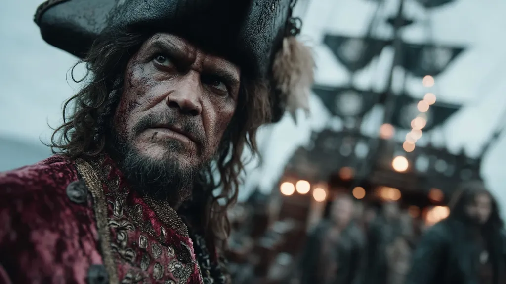 Close-up of a weathered pirate captain, his face scarred and grizzled, wearing a tricorn hat and a richly embroidered red velvet coat.  He stares intensely, his expression serious and perhaps wary.  A large, dark ship is visible in a blurred background, suggesting a bustling pirate crew and a potentially dangerous situation.  The overall mood is one of intensity and adventure.