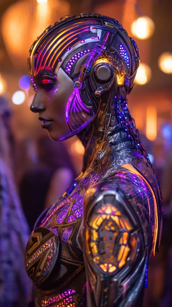 A stunning close-up reveals a futuristic female figure, adorned in an intricate, metallic exoskeleton.  The suit glows with vibrant purple and gold LED lights, highlighting its complex design. The model's dark skin contrasts beautifully against the shimmering metal, creating a striking visual. The background is blurred, focusing attention on the detailed craftsmanship of the futuristic costume.