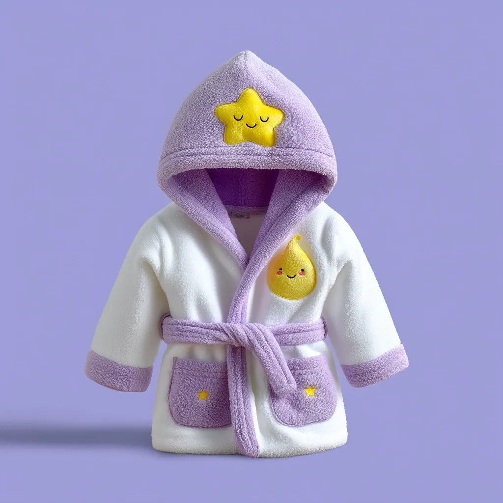 A child's hooded bathrobe in white and lilac. The hood features a smiling yellow star, and the robe itself has a yellow smiling teardrop design.  Lilac trim and pockets add a touch of color.  The soft, plush fabric suggests comfort and warmth. The overall design is playful and adorable.