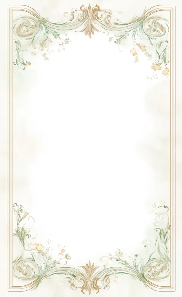 A delicate, ornate frame in muted greens and golds encloses a blank white space.  The design features swirling, floral motifs reminiscent of Rococo or Baroque styles, with subtle watercolor effects creating a soft, ethereal feel.  The frame's intricate details and light color palette provide an elegant backdrop for text or imagery.