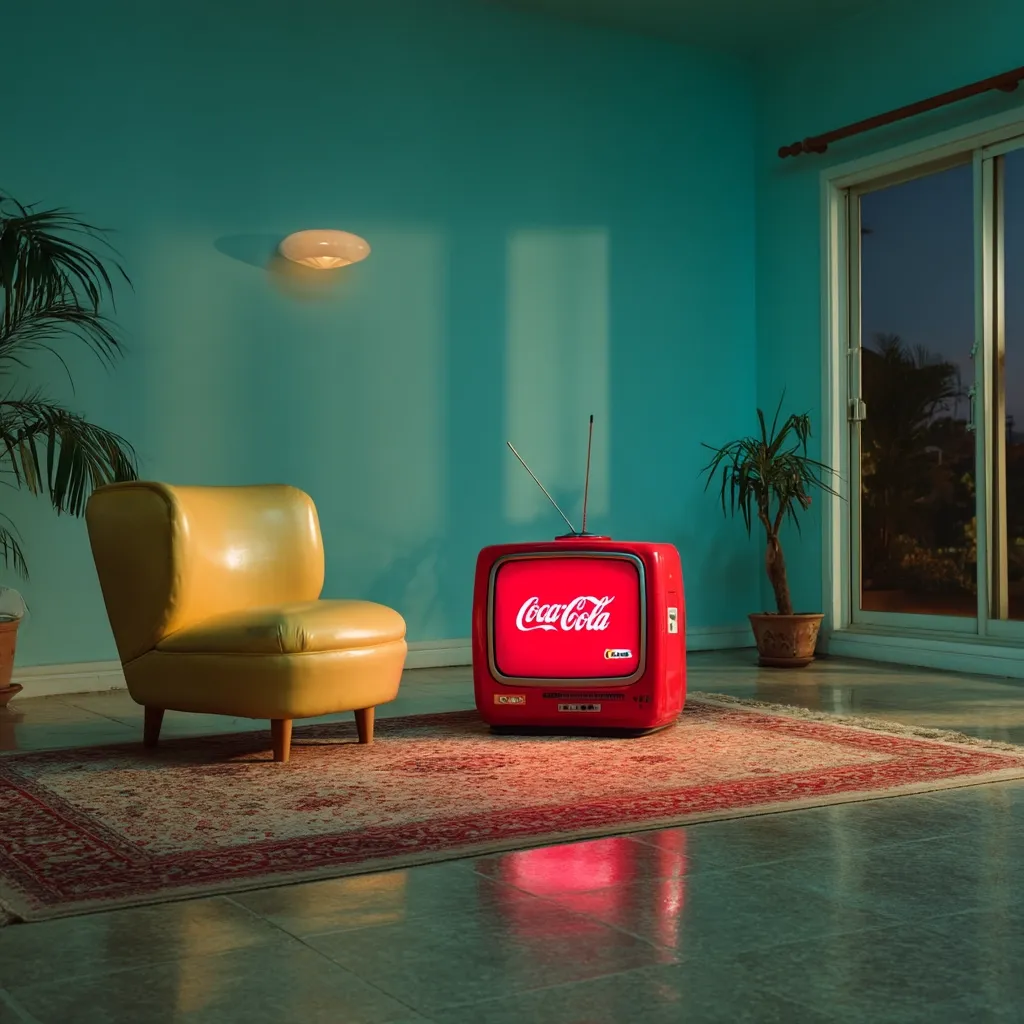 A vintage-style room with teal walls features a red retro television displaying the Coca-Cola logo. A yellow armchair sits opposite the TV, positioned on a red patterned rug.  The scene is softly lit, creating a nostalgic and calm atmosphere. A large window shows a dark, night-time view.  The overall aesthetic is mid-century modern with a muted color palette.