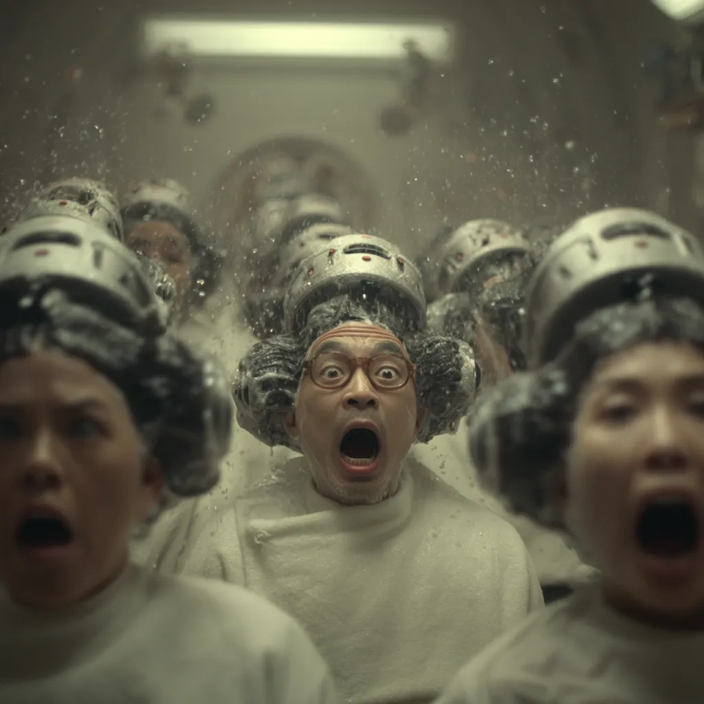 A line of people with shocked expressions sit under automated hair washing devices.  Water sprays around them as they wear white salon capes. The central figure, a man with glasses, has a wide-open mouth, conveying surprise or alarm.  The scene is surreal and slightly unsettling, suggesting a mass, automated process.