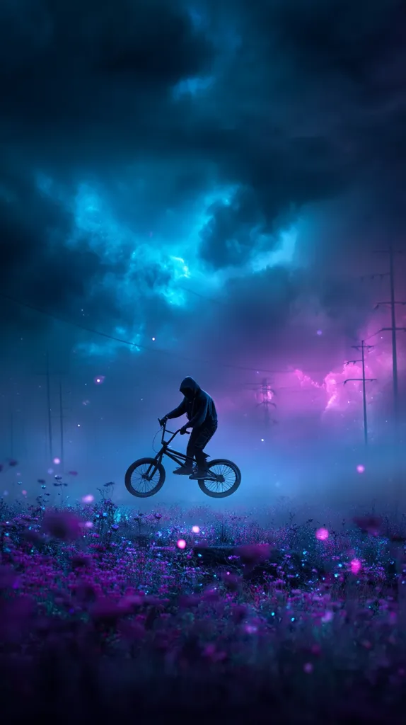 A silhouetted figure on a BMX bike floats above a field of purple flowers under a vibrant, twilight sky.  The scene is surreal and dreamlike, with a hazy atmosphere and a backdrop of power lines disappearing into the distance.  The colors are predominantly deep blues and purples, creating a mystical and ethereal mood.  The biker seems to defy gravity, adding to the fantasy-like quality.