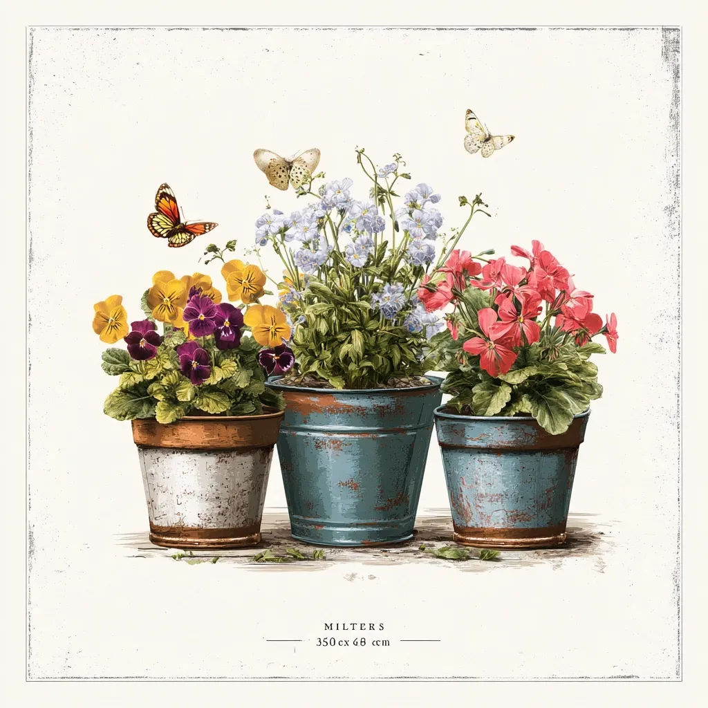 A charming illustration depicts three rustic metal flower pots, each containing vibrant blooms.  Pansies in yellow and purple grace one pot, delicate blue forget-me-nots fill another, and bright pink geraniums occupy the third.  Butterflies flutter around the cheerful arrangement, adding a touch of whimsy to the scene. The overall style is vintage and romantic, evoking a sense of springtime freshness.  The image is bordered with a distressed, off-white frame.