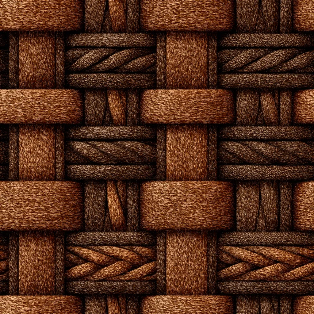 A seamless pattern of interwoven brown and dark brown textured strands creates a basketweave effect.  The darker strands appear thicker and have a rope-like texture, contrasting with the flatter, broader lighter brown pieces. The overall image is rich and detailed, resembling a close-up of intricately woven material.  The pattern repeats consistently throughout.