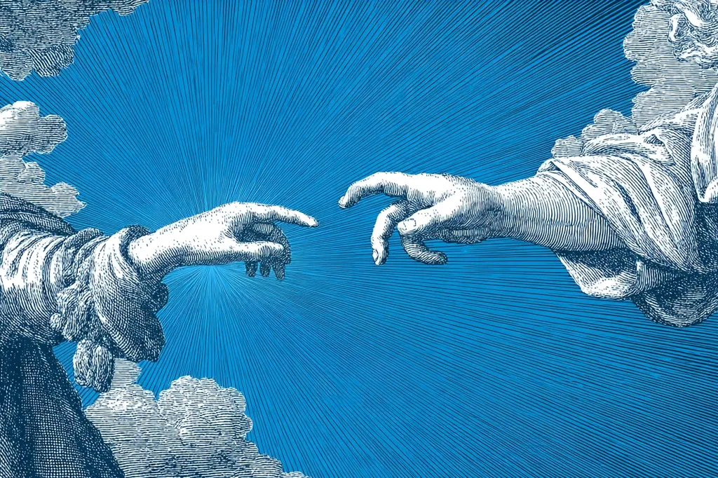 A stylized engraving depicts two hands reaching toward each other against a vibrant blue, rayed background reminiscent of a celestial scene.  Clouds frame the edges, enhancing the ethereal quality. The hands are detailed, appearing almost to touch, suggesting a connection or divine intervention. The monochromatic blue and white palette emphasizes the artistic style.