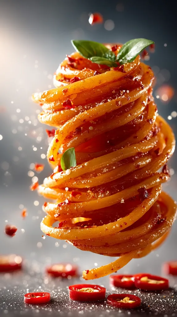 A vibrant image of spaghetti tossed in a spicy red sauce, garnished with fresh basil.  The pasta is artfully arranged in a swirling stack, suspended mid-air with chili flakes and salt specks dancing around it.  Slices of red chili peppers are scattered on a dark surface below, enhancing the dish's fiery appeal. The overall effect is dynamic and appetizing.