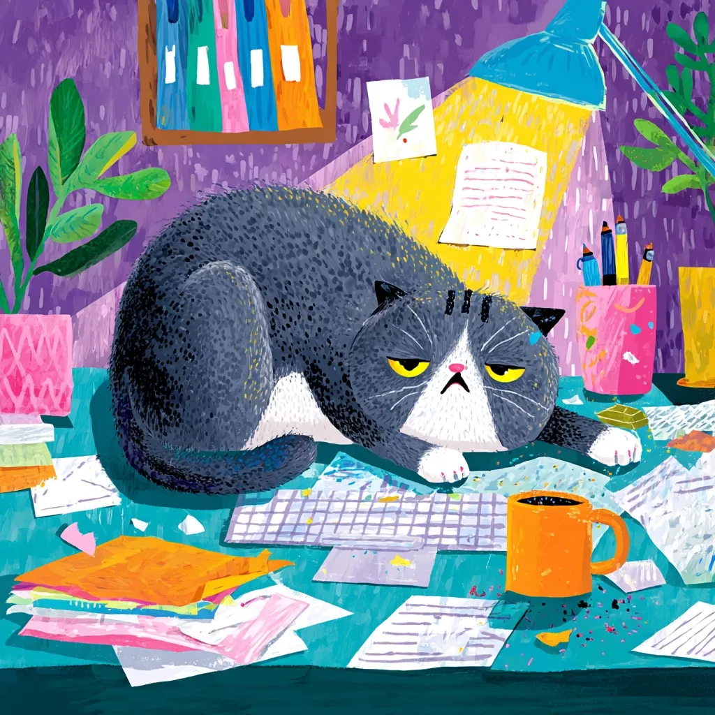 A grumpy gray and white cat sprawls on a cluttered desk, amidst scattered papers, a keyboard, and a spilled coffee mug.  A desk lamp illuminates the scene, casting a yellow glow.  Colorful art supplies and plants add to the vibrant, slightly chaotic atmosphere of the illustration. The cat's disgruntled expression is the focal point.