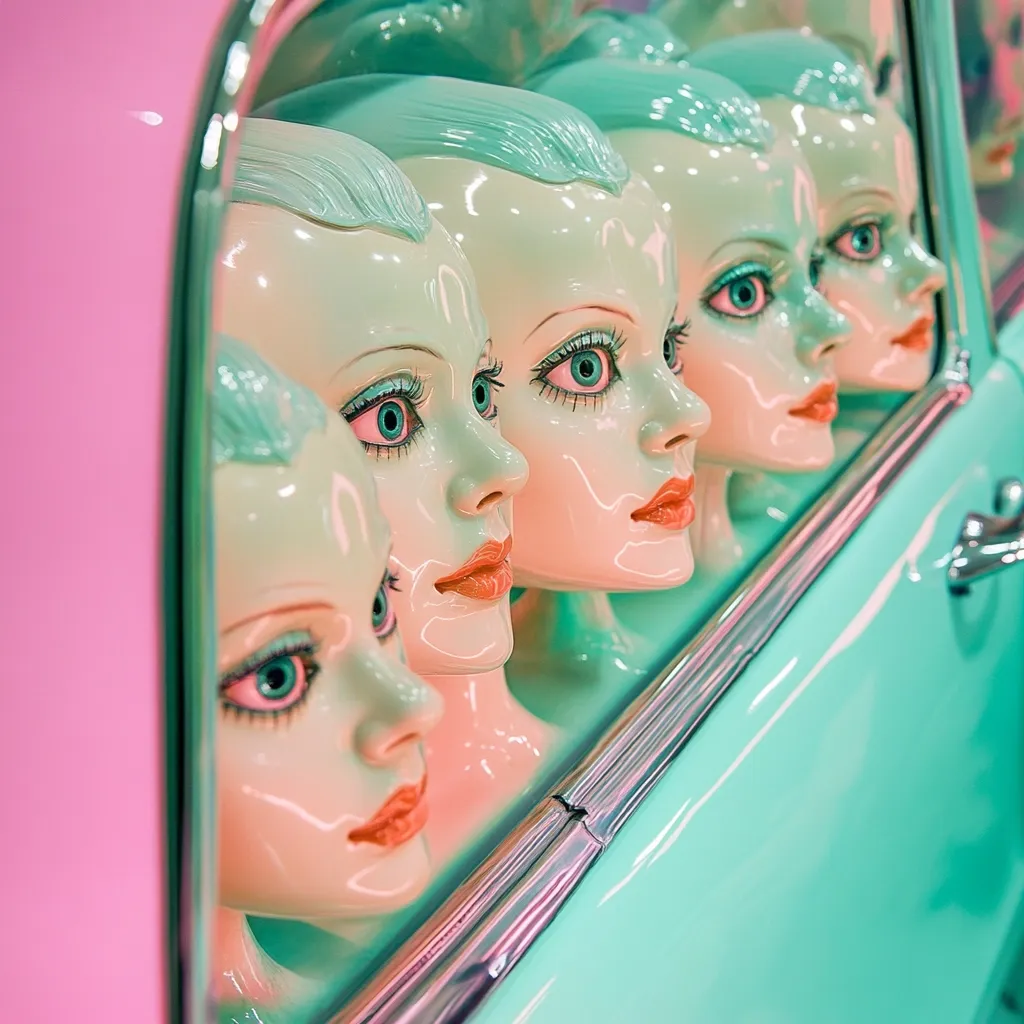 A row of pale green mannequin heads with large eyes and slightly open mouths are arranged inside a mint green car.  The car is a light pink on the opposite side. The mannequins are positioned closely together, creating a surreal and slightly unsettling scene.  Their features are smooth and almost doll-like. The overall aesthetic is retro and stylized.