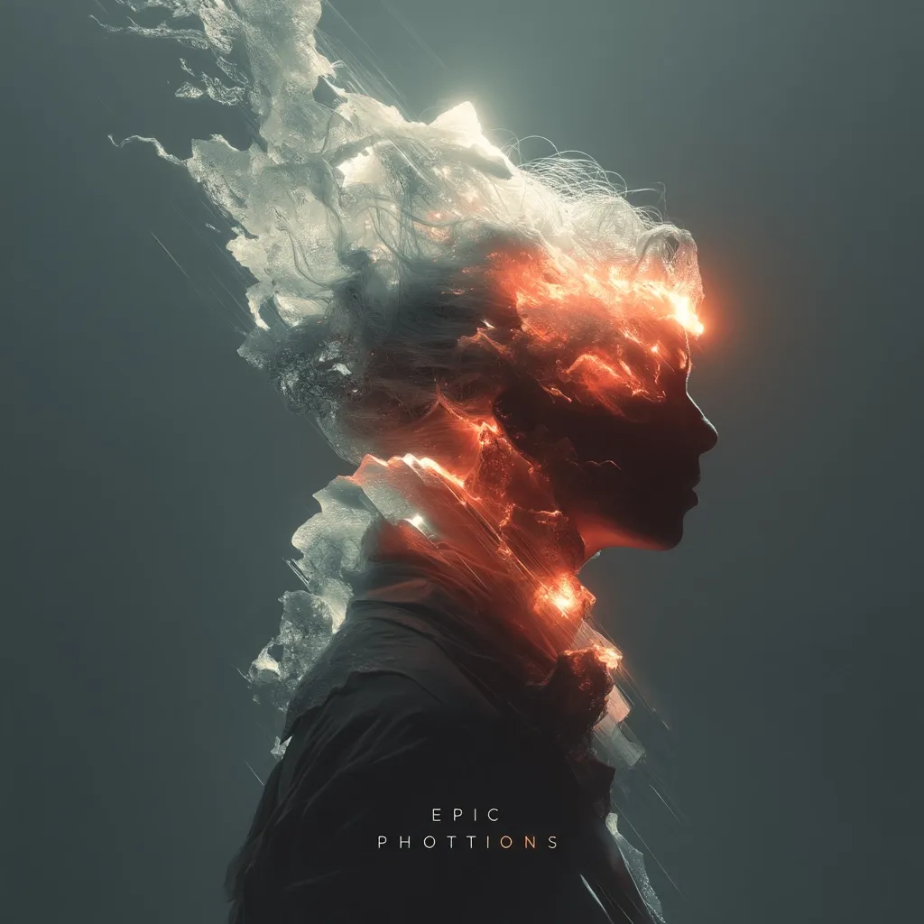 An abstract digital artwork depicts a profile of a person's head and shoulders.  The figure's hair and upper body are rendered in swirling, translucent textures of white and orange, suggesting both ice and fire.  Intense, glowing orange light emanates from within the form. The background is a muted grey-green, providing a stark contrast to the vibrant figure.  The words "EPIC PHOTITIONS" are subtly placed at the bottom.