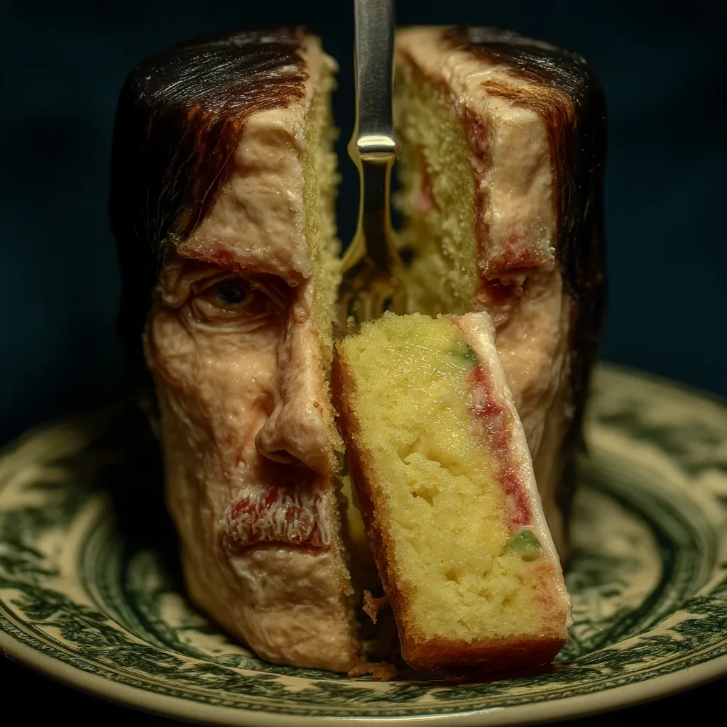 A meticulously crafted cake, shaped like a man's head, is presented on an antique plate.  A fork pierces the cake, revealing a light-colored, layered interior with visible fruit pieces. The cake's frosting mimics human skin, complete with realistic facial features, a mustache, and dark hair.  The overall effect is both artistic and unsettling.