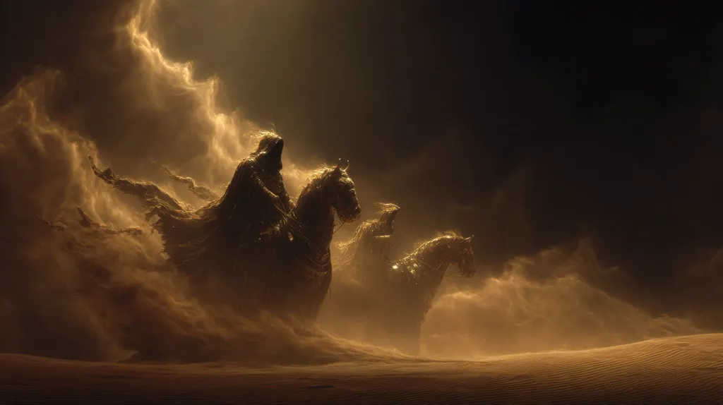 Three cloaked figures on horseback ride through a swirling sandstorm.  Golden light illuminates the scene, creating a dramatic and mystical atmosphere. The riders and horses are partially obscured by the dust, adding to the sense of mystery and power. The vast, sandy landscape stretches out into the dimly lit background, emphasizing the scale and isolation of the journey.