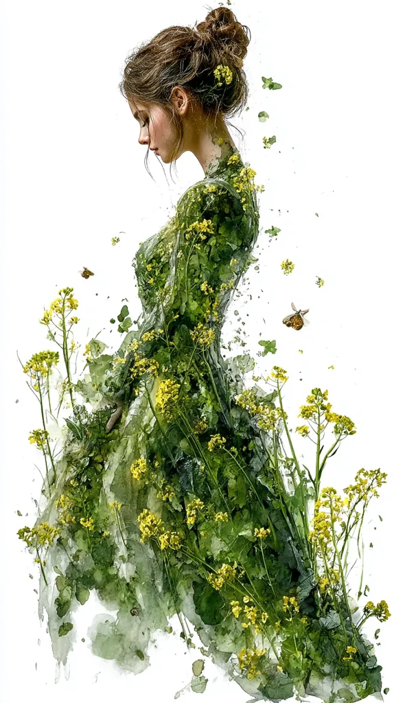A watercolor painting depicts a woman, her form subtly blending with flourishing yellow wildflowers and verdant foliage.  Her brown hair is styled in an updo, and she's dressed in a gown that seamlessly merges with the plant life.  The overall effect is ethereal and suggestive of a connection between nature and humanity, with a delicate, dreamlike quality. Small insects, such as butterflies, are also visible in the artwork, adding to the natural scene.