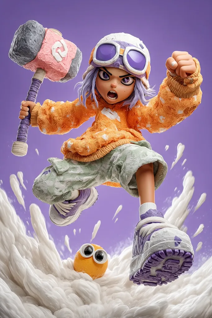 A stylized 3D rendered image depicts a vibrant, purple-haired girl in an orange sweater and chunky sneakers, wielding a large hammer.  She leaps through a white, cream-like substance, her determined expression and dynamic pose emphasizing action. A small, orange, googly-eyed creature is partially submerged in the same substance below her. The background is a solid purple.  The overall style is playful and energetic.