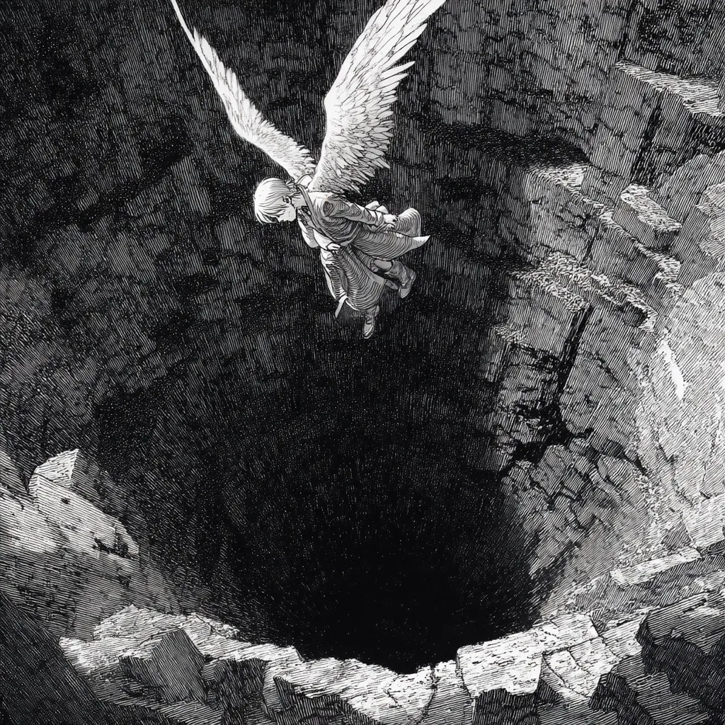 A monochrome illustration depicts a winged figure plummeting into a deep, dark chasm.  The figure, appearing androgynous, is clothed in long, flowing garments, and their wings are large and feathered. The abyss is jagged and ominous, with rough, textured rock walls surrounding the gaping hole. The style is reminiscent of a graphic novel or etching, emphasizing stark contrasts of light and shadow. The overall mood is one of despair and impending doom.