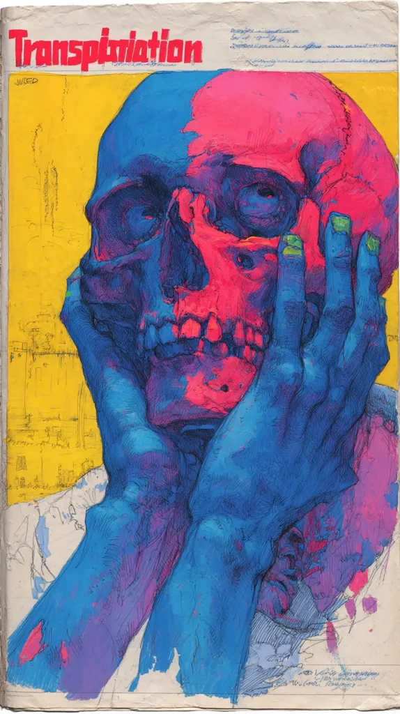 A vibrant, surreal artwork depicts a skull, split down the middle with contrasting blue and pink hues.  The skull is cradled by hands, also rendered in shades of blue, against a yellow background with sketched architectural elements.  The title "Transplantation" is prominently displayed, suggesting themes of mortality, transformation, and the body.  The style is expressive, employing bold lines and color contrasts.