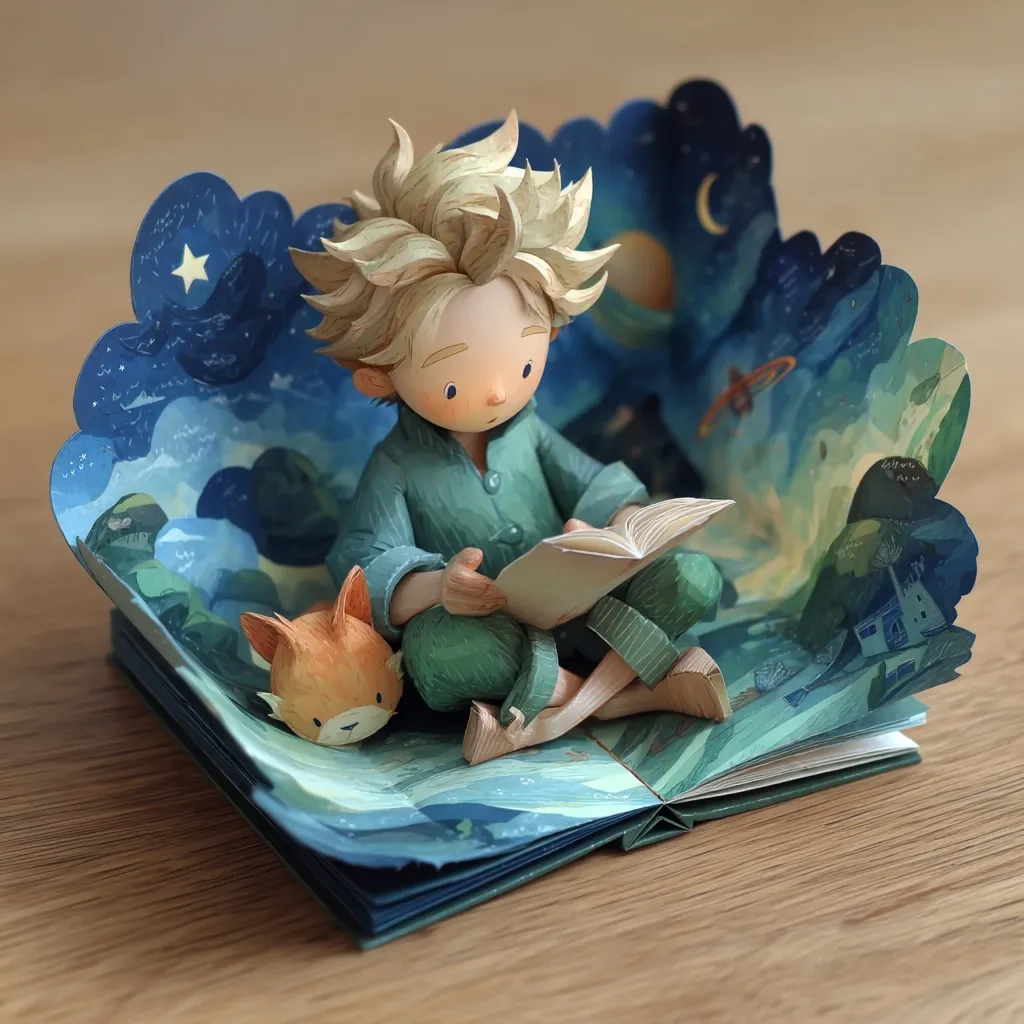 A charming papercraft sculpture depicts the Little Prince seated within an open book, his blond hair tousled.  He's engrossed in reading, a small fox nestled beside him. The book's pages form a whimsical night sky scene, complete with stars, a crescent moon, and a distant planet, creating a captivating and detailed miniature world. The artistry is exquisite, capturing the essence of the classic tale.
