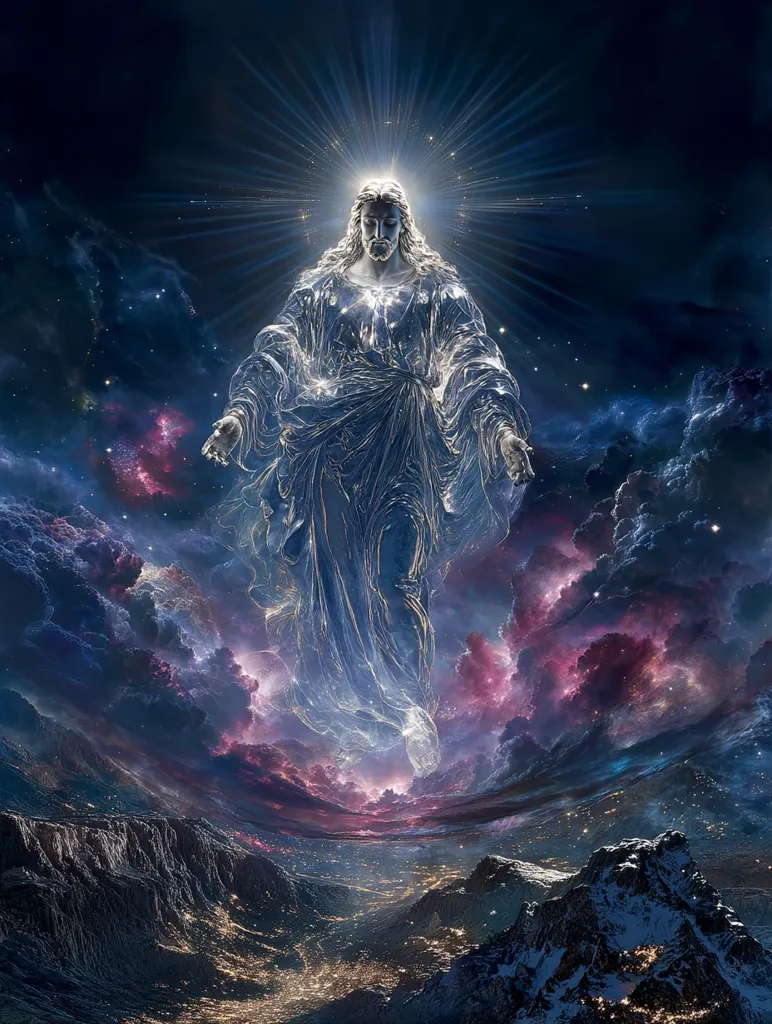 A radiant figure, resembling Jesus Christ, floats amidst a breathtaking cosmic landscape.  He is enveloped in luminous energy, radiating light and serenity.  Below, a sprawling, illuminated world stretches towards snow-capped mountains, all bathed in the ethereal glow of the heavens.  The scene evokes a sense of divine power and the vastness of the universe.