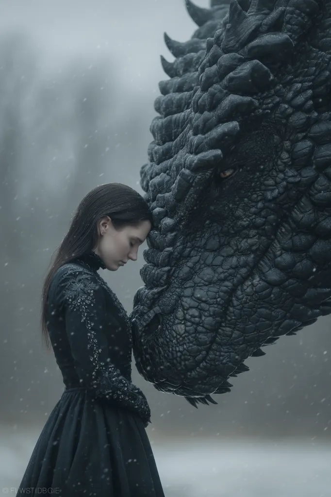 A woman in a long, dark dress stands in the snow, her forehead gently resting against the head of a large, black dragon.  The scene is moody and atmospheric, with a soft snowfall in the background. The dragon's scales are detailed, and its eye is visible, conveying a sense of power and tenderness simultaneously.  The image evokes a feeling of fantasy and connection between the woman and the mythical creature.
