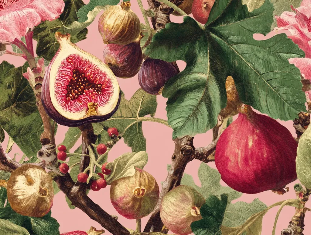 A blush pink background showcases a vibrant botanical illustration of a fig tree.  Ripe figs in varying shades of red and purple hang from the branches, alongside smaller, unripe figs.  Large, detailed leaves and small pink flowers add to the lush, detailed scene. The style evokes vintage botanical prints, with a focus on texture and color.