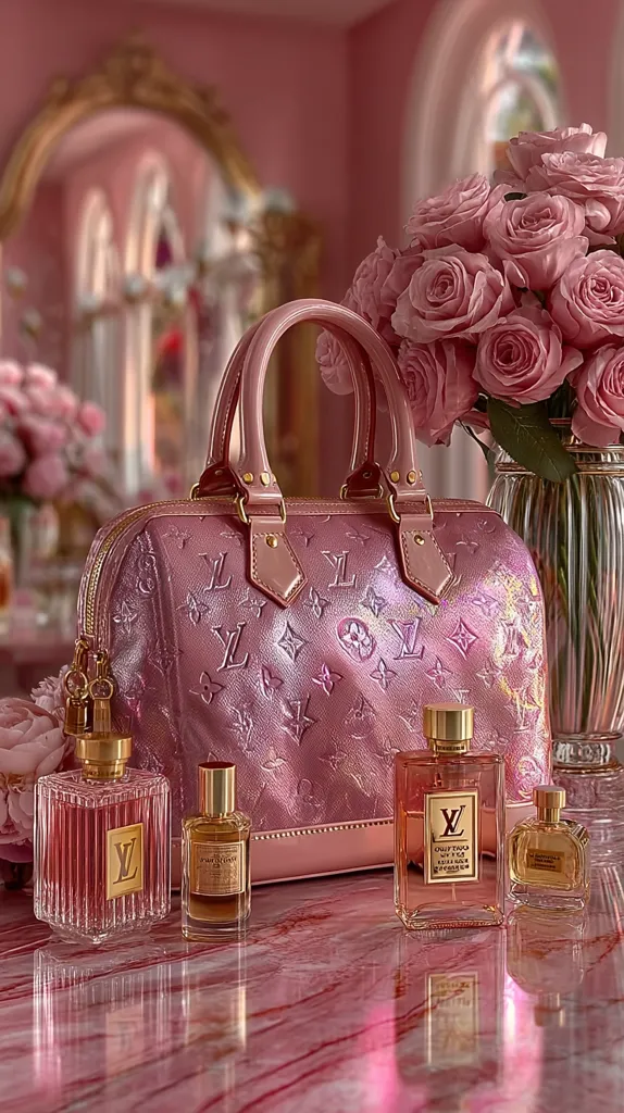 A pink Louis Vuitton Speedy bag sits on a marble surface, surrounded by several Louis Vuitton perfume bottles.  A bouquet of pink roses is in the background, adding to the luxurious, feminine aesthetic.  The overall scene is elegant and sophisticated, showcasing high-end products in a stylish setting.