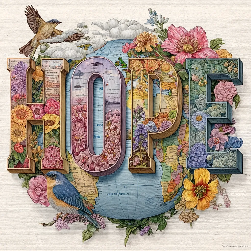 The word "HOPE" is intricately crafted, each letter filled with vibrant floral arrangements and detailed map sections of a globe. Birds, both in flight and perched, add to the nature-inspired design.  The artwork's overall style is reminiscent of vintage botanical illustrations and antique cartography, creating a visually rich and evocative piece. The color palette is soft and warm, enhancing the feeling of optimism and hope conveyed.