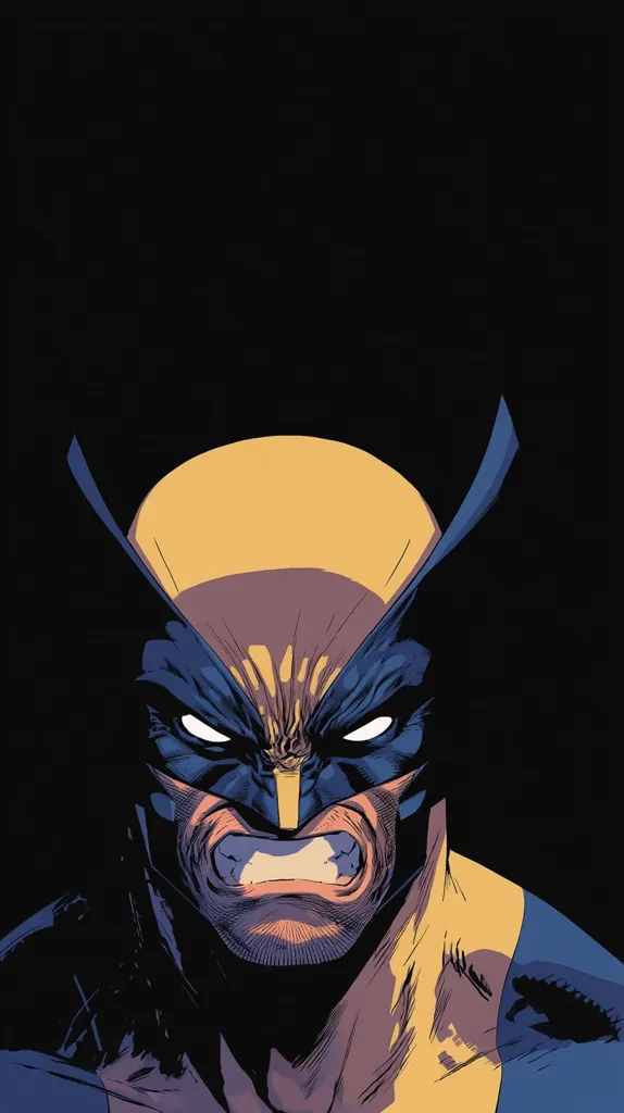 A close-up illustration of Wolverine, a Marvel Comics superhero.  His face is the focal point, showcasing his signature mask and intense, angry expression.  The dark background emphasizes the character's fierce demeanor, highlighting the details of his rugged features and musculature. The style is a blend of comic book and graphic novel aesthetics.