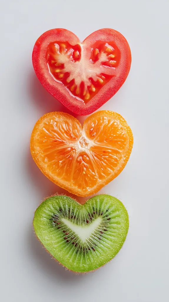Three heart-shaped slices of fruit are stacked vertically against a white background.  A red tomato slice is at the top, followed by an orange segment, and a kiwi slice at the bottom.  The vibrant colors and heart shapes create a visually appealing image, suggesting healthy eating and love.