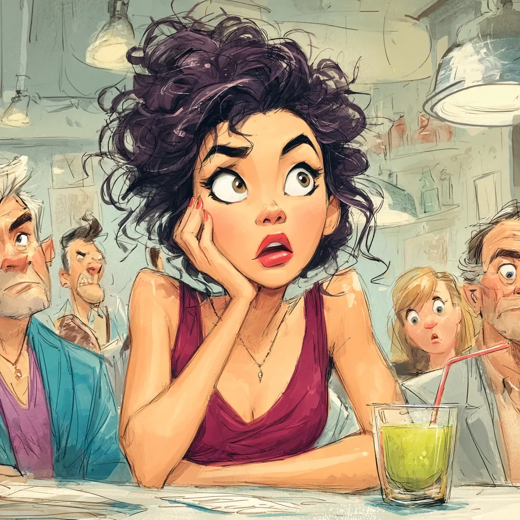 A stylized illustration depicts a young woman with dark, curly hair, wide eyes, and a surprised expression. She rests her hand on her cheek, gazing upward.  She's seated at a table with a glass of green juice, surrounded by older, more caricatured men and a young blonde woman. The setting appears to be a casual eatery or bar. The style is vibrant and expressive, suggestive of comic book art.