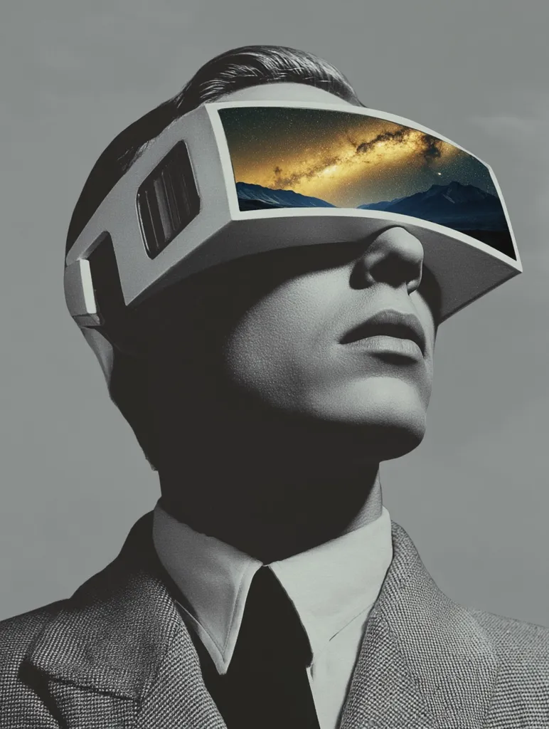 A monochromatic, stylized image depicts a man in a suit wearing a futuristic headset.  The headset's screen displays a vibrant, starry night sky. The contrast between the man's formal attire and the advanced technology creates a striking juxtaposition, suggesting a blend of classic and futuristic elements. The overall mood is one of contemplative wonder and technological advancement.