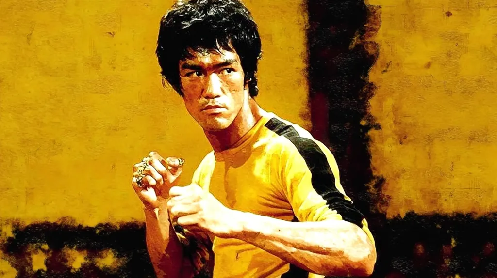 A stylized portrait of Bruce Lee, the iconic martial artist and actor.  He's depicted in a classic yellow and black tracksuit, his expression serious and focused.  His hands are positioned in a fighting stance, suggesting readiness and power. The background is a textured, abstract wash of yellow and dark tones, adding to the dramatic effect. The image is painted in a style that blends realism with artistic expression.