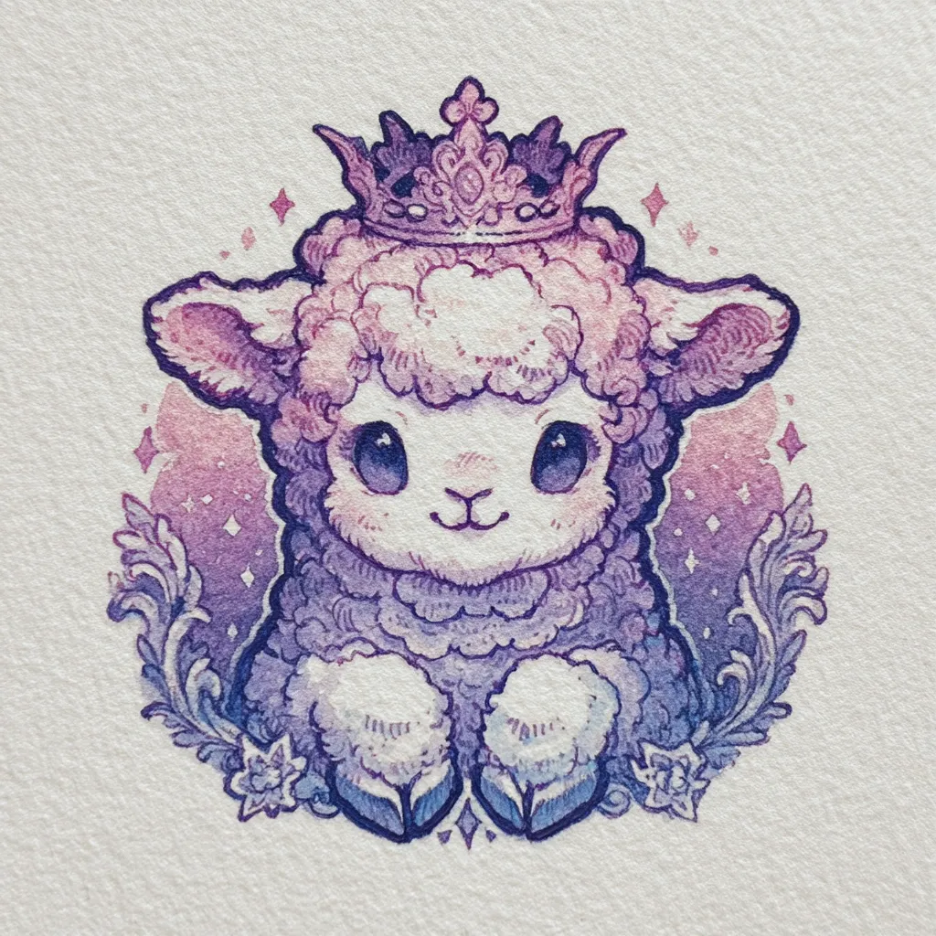 A watercolor painting depicts a charming lamb adorned with a delicate crown. The lamb's fur is rendered in soft purple and lavender hues, creating a dreamy atmosphere.  It sits amidst stylized floral elements, with sparkling accents adding to the magical quality of the artwork. The overall style is whimsical and cute, suitable for children's books or decorative prints.