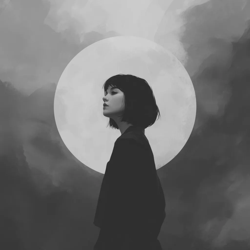 A monochromatic illustration features a woman with short, dark hair, standing in profile against a backdrop of a large, bright circle resembling a moon in a cloudy sky.  She's dressed in dark clothing, her gaze directed away from the viewer, creating a contemplative and melancholic mood. The contrast between the bright circle and the dark surroundings emphasizes her solitary figure. The overall style is painterly and atmospheric.