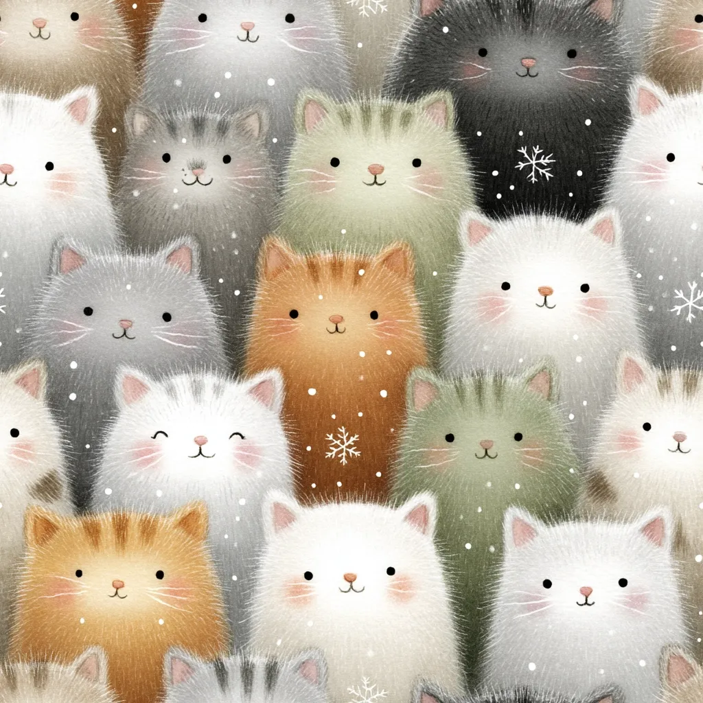A charming illustration features a multitude of fluffy cats in varying pastel colors, nestled together against a backdrop of falling snow.  The cats, with their expressive eyes and soft fur, exude a heartwarming and cozy atmosphere, perfect for a winter-themed design.  The overall style is sweet and gentle, creating a delightful scene.