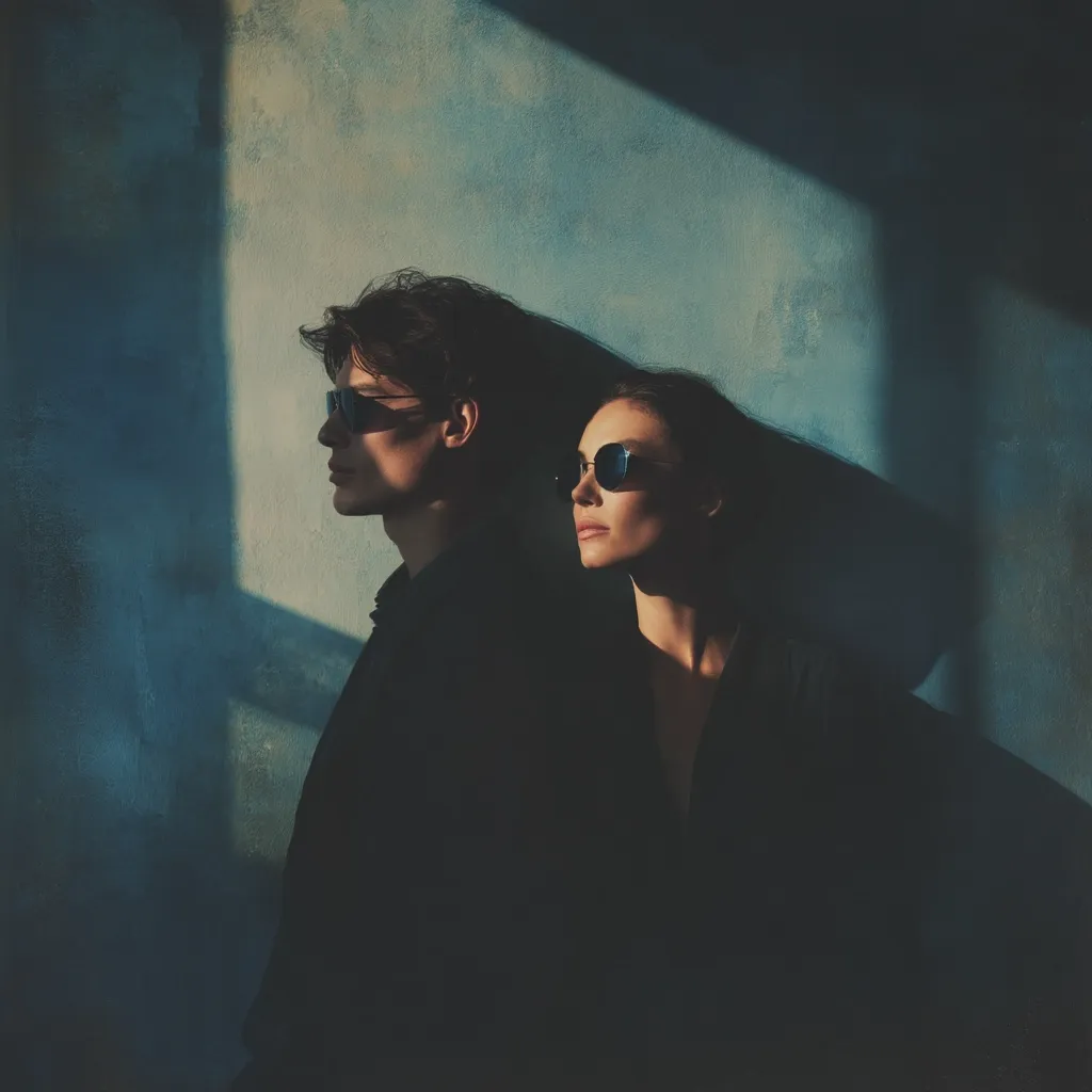 A young couple stands close together against a textured blue wall, bathed in sunlight casting dramatic shadows.  Both wear dark sunglasses, their faces partially obscured.  The man is slightly taller, his head tilted towards the woman. They project a sense of mystery and intimacy within the moody, cinematic lighting.